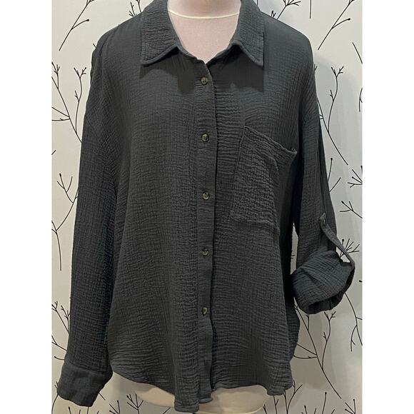 REVEROF Dark Gray Crinkle Gauze Collared Button Up LARGE 100% Cotton Minimalist - Picture 2 of 6